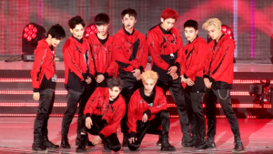 Exo in June 2016 From left to right, standing: Baekhyun, Chen, Lay, Sehun, Chanyeol, D.O., Kai From left to right, kneeling: Suho, Xiumin