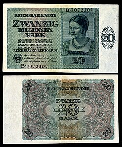 Twenty-trillion Mark at German Papiermark, by the Reichsbankdirektorium Berlin