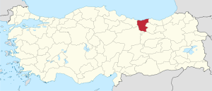 Giresun highlighted in red on a beige political map of Turkeym