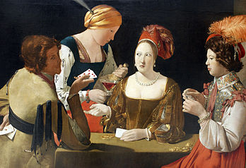 Le Tricheur à l'as de carreau, par Georges de La Tour (1635), l’un des chefs-d’œuvre du peintre et de la peinture française, remarquable par sa maîtrise du clair-obscur. Musée du Louvre (Paris) – Huile sur toile (106 × 146 cm). (définition réelle 2 236 × 1 528)