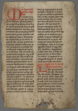 A handwritten medieval manuscript in two columns, with two large illuminated letters at the beginnings of sections