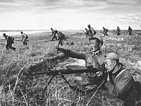 Mongolian troops defend against a Japanese counterattack on the western beach of river the Khalkhin Gol, 1939.