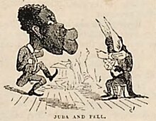 Dessin en noir et blanc montrant un homme noir en costume en train de danser, caricaturé avec une grosse tête, et un autre personnage, représenté avec de grandes oreilles pointues