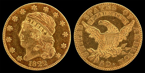 Capped Head half eagle, large diamater, by John Reich and the United States Mint