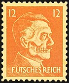 An orange stamp with Hitler's face, the skin transparent around the zygomatic arch and jawbone.