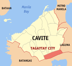 Mapa han Cavite nga nagpapakita kon hain nahimutang an Syudad han Tagaytay.