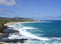 Sandy Beach from the Hālona Blowhole lookout. The far distant ridge is Makapuʻu Head, the eastern end of Oʻahu