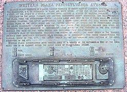 Western Plaza plaque describing the history and features of Plaza and of the L'Enfant Plan. The plaque's engraved illustration identifies the locations of the Plaza's major elements. (2006)