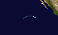 A map of the path of a tropical depression well off the Pacific coast of Mexico. The system moves to the west-northwest at first, before gradually curving to the west-southwest.