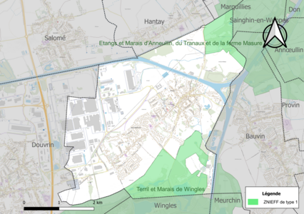 Carte des ZNIEFF de type 1 sur la commune.