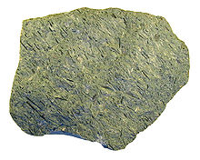 A greenish-grey rock with fine dark linear features embedded