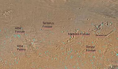 Map of Arcadia quadrangle with major features labeled. Several large cracks called Fossae are in this area.