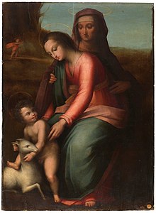 Color photo of a painting depicting a woman sitting on the lap of another woman who is reaching out to a baby playing with lamb. All three figures are facing left.