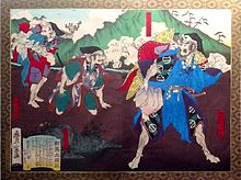 Ukiyo-e of Ashikaga escaping the Miyoshi and Matsunaga, aided by Wada Koremasa