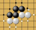 Image 5One black chain and two white chains, with their liberties marked with dots. Liberties are shared among all stones of a chain and can be counted. Here the black group has 5 liberties, while the two white chains have 4 liberties each. (from Go (game))