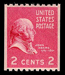 A red postage stamp, depicting an etching of a man facing to the right. The top right corner reads 'UNITED STATES POSTAGE', and '2 CENTS 2' is printed on the bottom.
