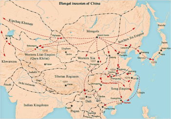 Diagram displaying nations of East and Central Asia in 13th century, their capitals and major cities, and the routes and times the Mongols attacked them in