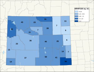 Distribuição de NRHPs nos condados do Wyoming.