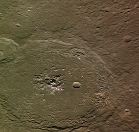 Exaggerated color view of Oskison crater, looking northwest