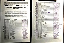 A composite image of both sides of a plain piece of light card, pre-printed and titled 'UHULMC Miglia Quadrato 2018 Route Card'. It contains brief instructions for competitors and three tables - each with twenty clues, numbered and arranged as "Easy", "Medium" and "Difficult". In the four columns of each table are the clue number, a grid reference (in the form e.g. 310.0 814.7 - being a corruption of an Ordnance Survey National Grid reference TQ 31000 81470), the 'clue' typically of letters or words in caps found in that grid square with some characters elided, and the handwritten answer of the competing team - being the elided words from the clue.