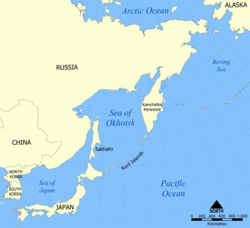 カムチャツカ半島の位置 地図中央に位置する南北に伸びる半島