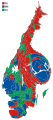 Cartogram of the map to the left with each municipality rescaled to the number of valid votes cast.