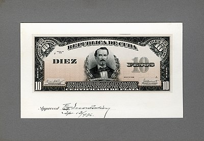 Céspedes depicted on the artist/progress proof designed by the Bureau of Engraving and Printing for Cuban silver certificates (1936).