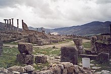 Vue des ruines de Volubilis avec au fond le village de Moulay Idris
