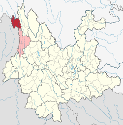 Location of Gongshan County (red) and Nujiang Prefecture (pink) within Yunnan province of China