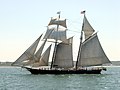 Designed for speed in the Baltimore Clipper tradition, schooner Shenandoah has two raked masts, gaff-rigged; two square sails; a staysail and two jibs.
