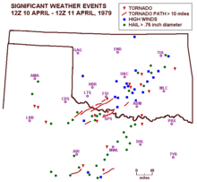 Map of large hail, strong winds, and tornadoes
