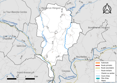 Carte en couleur présentant le réseau hydrographique de la commune