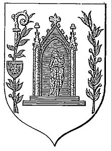 Dessin en noir et blanc d'un blason représentant une Sainte Vierge dans une niche gothique en son milieu entourée de motifs floraux.