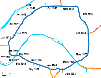 Carte des mises en service par sections, de 1962 à 1973