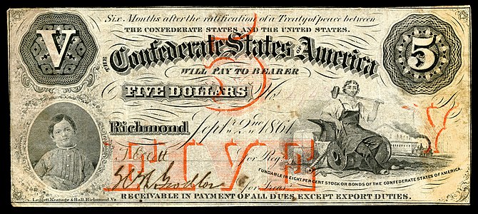 Five Confederate States dollar (T32), by Leggett, Keatinge & Ball