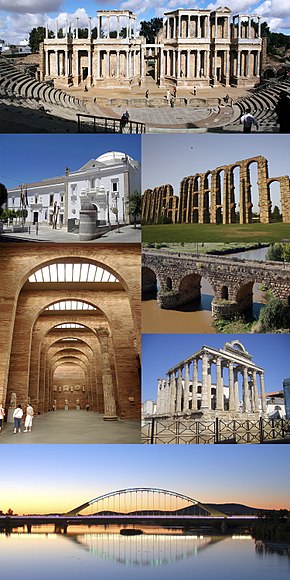 De cima para baixo e da esquerda para a direita: 1. Teatro romano; 2. Hospital de São João de Deus (Assembleia da Estremadura); 3. Aqueduto romano dos Milagres; 4. Museu Nacional de Arte Romana; 5. Ponte romana; 6. Templo de Diana; 7. Ponte Lusitânia