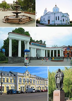 Top:A mineral fountain in Vodohraji Zentralnyi Square. Myrhorod Assumption Cathedral, Middle:Myrhorodkurort Resort Spa, Bottom:Myrhorod City hall, Nikolai Gogol Monument in Glory Park (all item from left to right)
