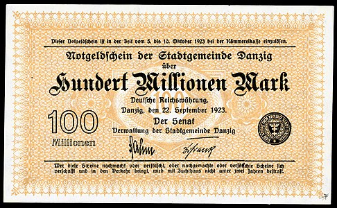 One-hundred-million mark at German Papiermark, by the Free City of Danzig