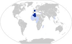 Territories and colonies of the French Republic at the end of 1939 Dark blue: Metropolitan territory Light blue: Colonies, mandates, and protectorates