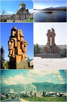 From top left: Makravank Monastery • Hrazdan reservoir World War II memorial • Artsakh War memorial Hrazdan skyline