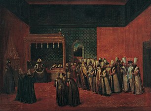 Ottoman Sultan Ahmed III receives the Dutch ambassador Cornelis Calkoen at the Topkapı Palace in 1727. Painting by Jean-Baptiste van Mour, 1727.