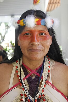Une femme (visage et buste) en vêtement et coiffe traditionnelle, assise, parle dans un micro. Elle porte des vêtements et accessoires en fibre végétale et graines de couleur, et des ornements de plume dans les cheveux. Son visage est en partie teint en rouge.