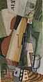 Violon, bouteilles de Marc et cartes (Violin, Marc bottles and cards). Signed and dated Marcoussis 1919. Gouache and watercolor over charcoal on paper, 45.8 x 24.5 cm