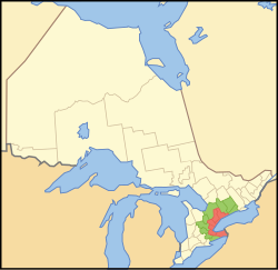 Location of the Golden Horseshoe in Ontario. ██ Core area ██ Greater Golden Horseshoe