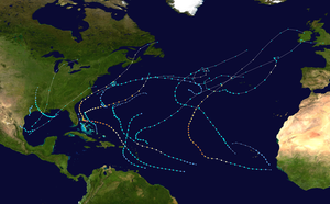 A map of the tracks of all the storms of the 2019 Atlantic hurricane season.