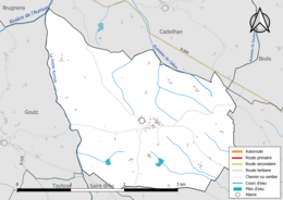 Carte en couleur présentant le réseau hydrographique de la commune