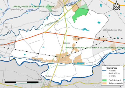 Carte des ZNIEFF de type 1 localisées sur la commune[Note 2].