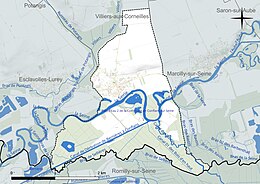 Carte en couleur présentant le réseau hydrographique de la commune