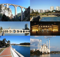 De cima para baixo e da esquerda para a direita: 1) Viaduto de Varda; 2) Çukurova, Adana; 3) Taşköprü; 4) Estação de Adana; 5)  Dilberler Sekisi; 6) Sabancı Merkez Mesquita.