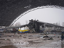 Remains of the Antonov An-225 following its destruction at Antonov Airport.